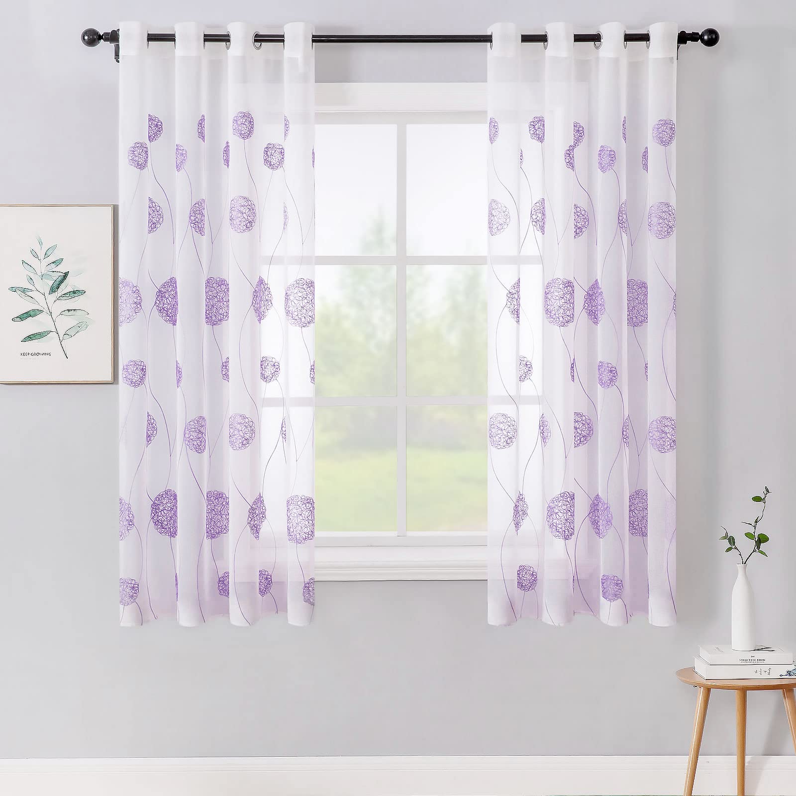MIULEE Embroidery Sheer Curtains Flora Design Grommet Window Curtain Semi Voile Drapes Panels with Eyelets Window Treatments for Living Room Bedroom 2 Panels 55" W x 69" L Purple