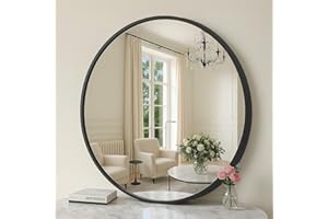 SONGMICS Round Mirror, Bathroom Mirror for Wall, 16 Inches, Metal Frame, Easy to Install, Ink Black ULWM104B01