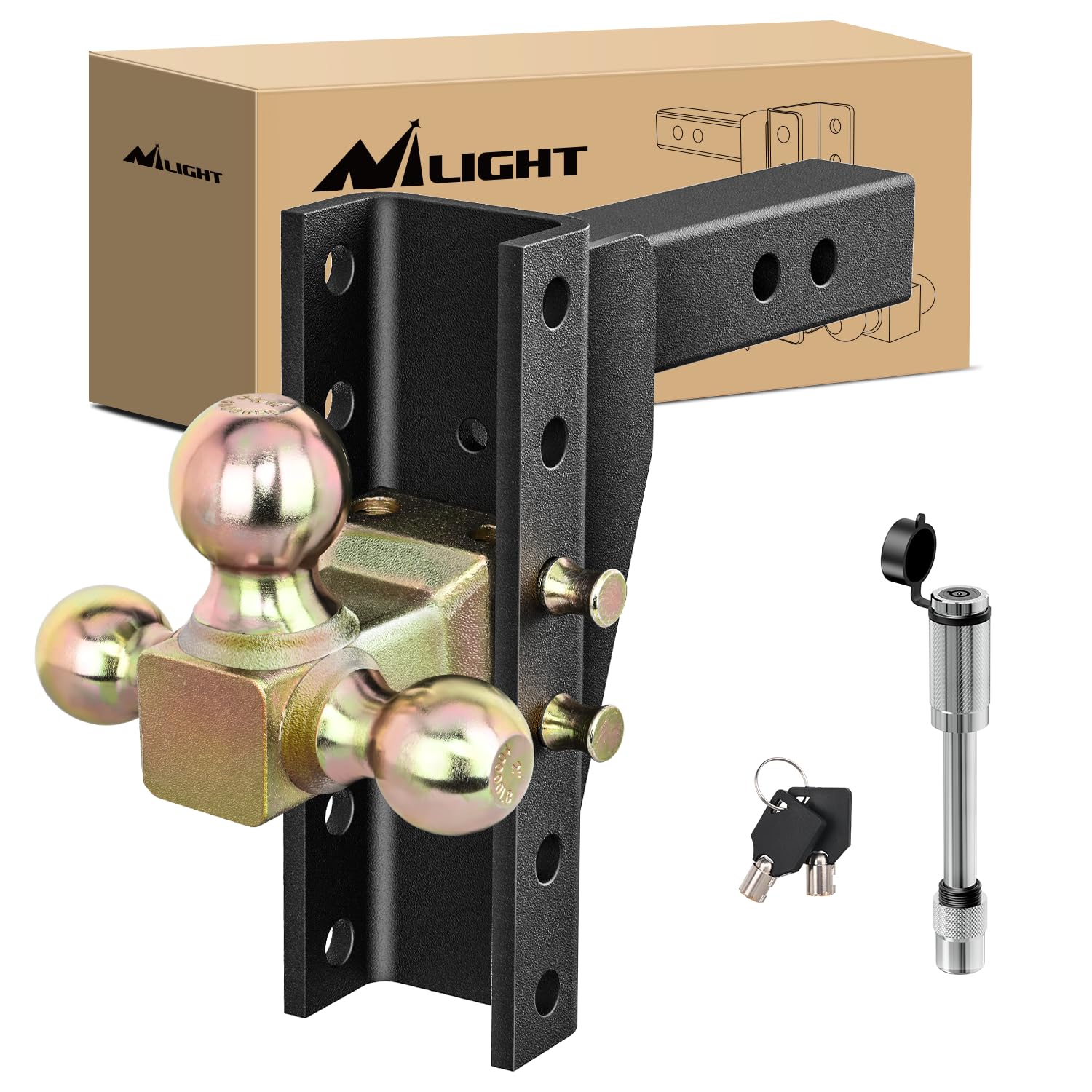 Nilight Adjustable Tri-Ball Trailer Hitch Mount 8 Inch Drop/Rise Hitch 1-7/8" 2" 2-5/16" Fits 2-Inch Receiver 15000lbs GTW for Heavy Duty Truck with Anti-Theft Pin Image