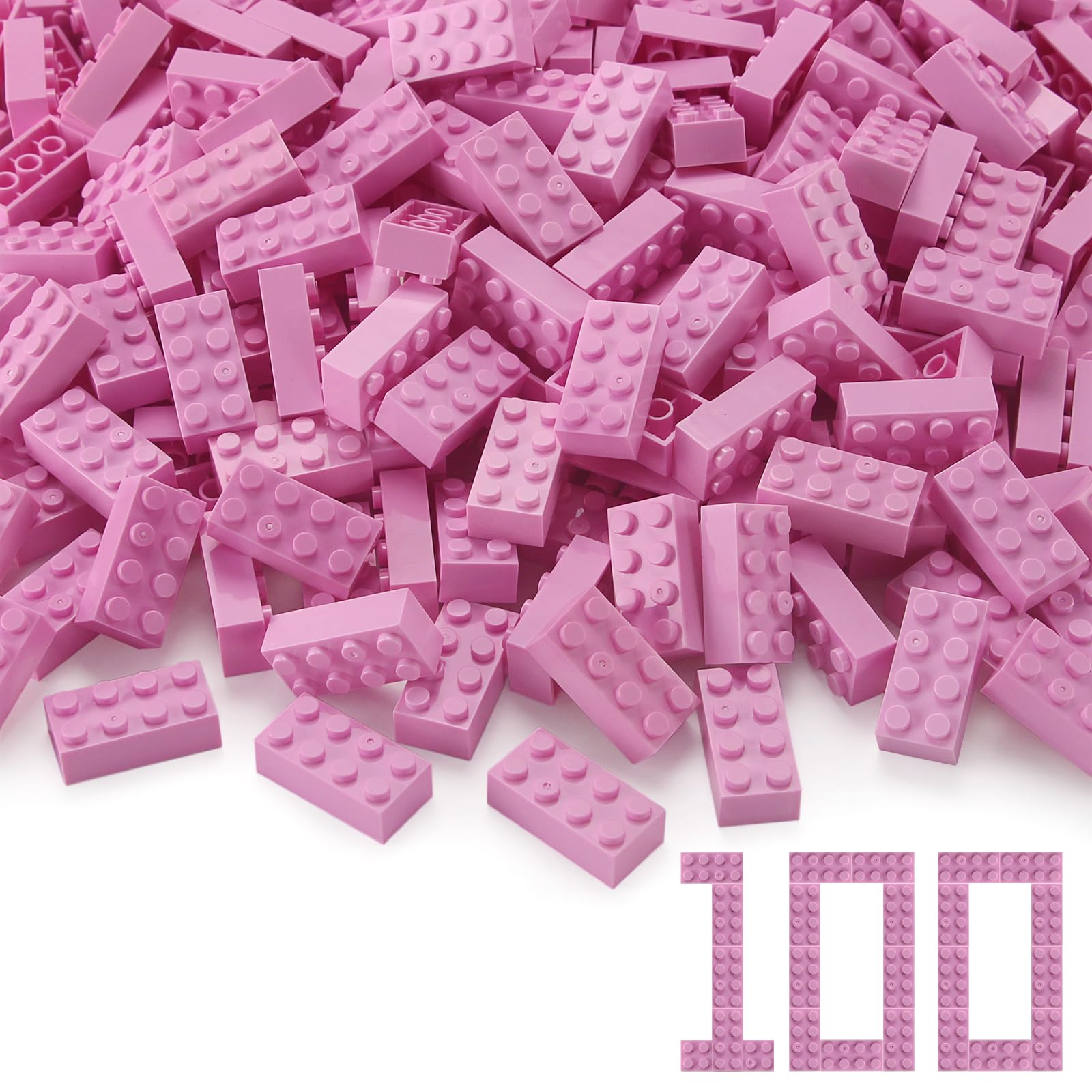 Feleph 100pcs 2x4 Bricks Bright Pink Pieces Parts Classic Building kit Play Set Basic Blocks Toy Compatible with 3001 Major Brands