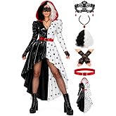 PARTY TELLER Black and White Villain Costume for Women | 6Pcs women half spotted print hooded coat dress set cruel fashion diva halloween cosplay outfit