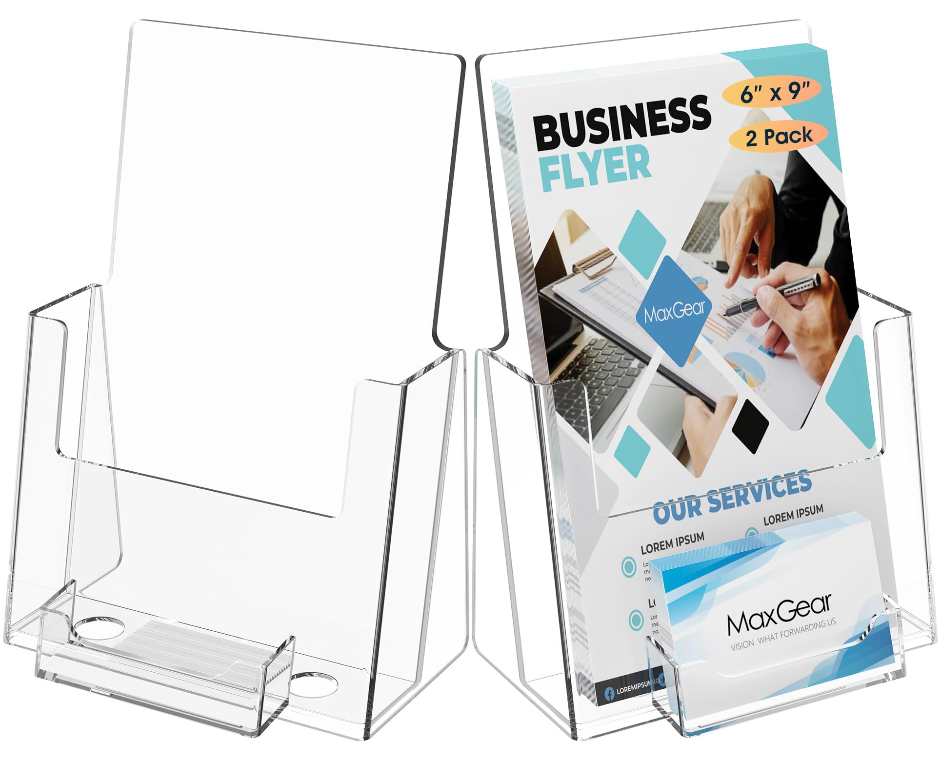 Photo 1 of MaxGear Brochure Holder 6x9 inch with Business Card Organizer, Acrylic Literature Display Stand Clear Plastic Flyer Holder Wall Mount or Countertop Use for Pamphlets, Booklets, 2 Pack