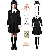 jiobabe Kids Black Dress Costume for 3-14 Years Girls with Wig Necklace Hairpin for Halloween Costume Dress Up