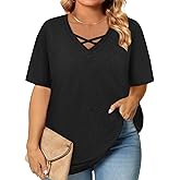 Plus Size Tops for Women Summer Trendy Criss Cross Shirts Oversized Casual Loose Fit Tunic Tops L-4XL