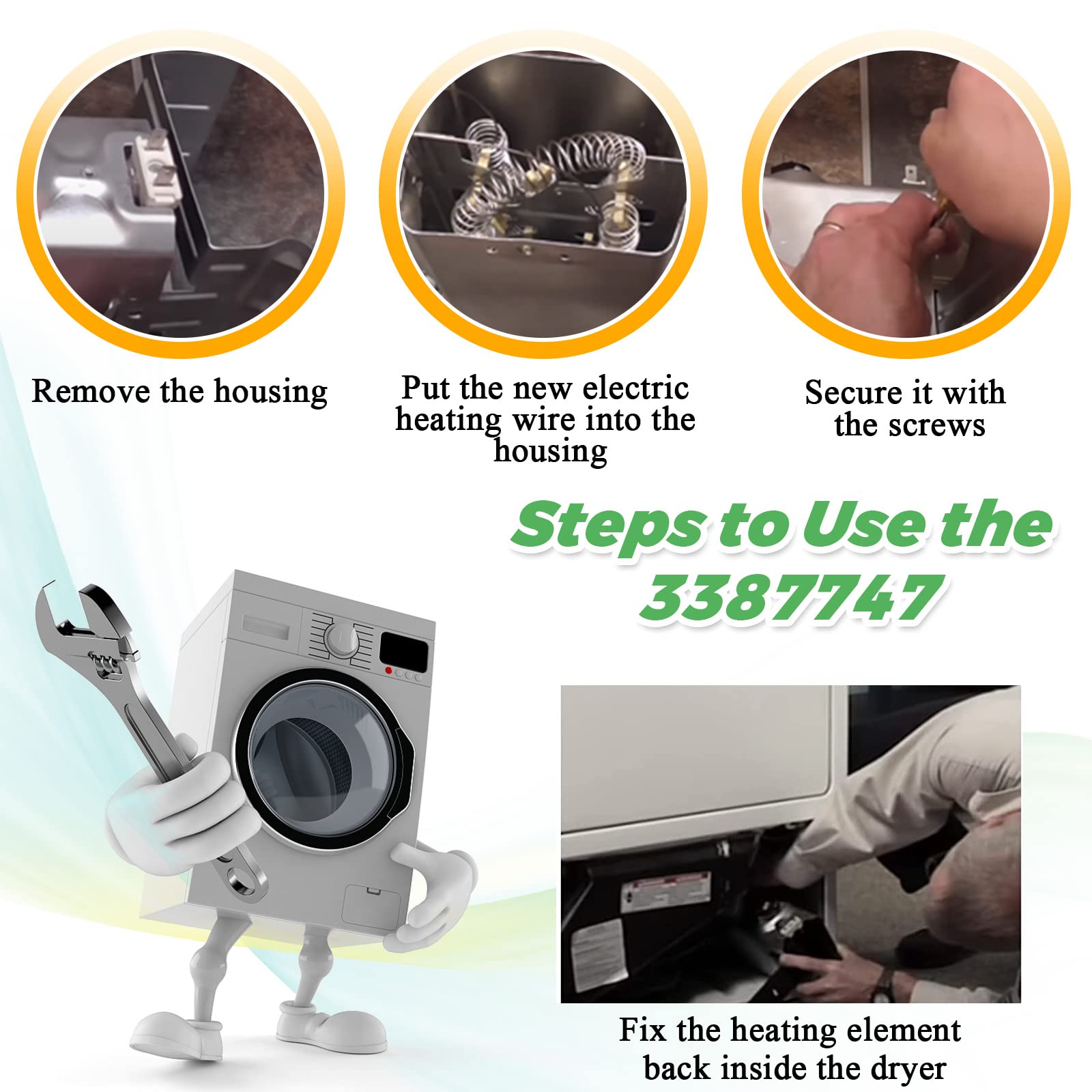 3387747 WP3387747 W11344457 Dryer Heating Element by Techecook - Fit for Kenmore Whirlpool Kitchen-Aid Maytag Dryer - Replaces medc700vw0 8527865 w11045584 PS11741416 AP6008281 AP2947033 PS344597