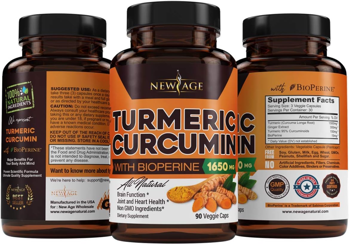 Turmeric Curcumin with Bioperine 1650mg by New Age - 2 Pack - Premium Joint & Healthy Inflammatory Support with 95% Standardized Curcuminoids. Non-GMO, Gluten Free Capsules with Black Pepper: Health & Personal Care
