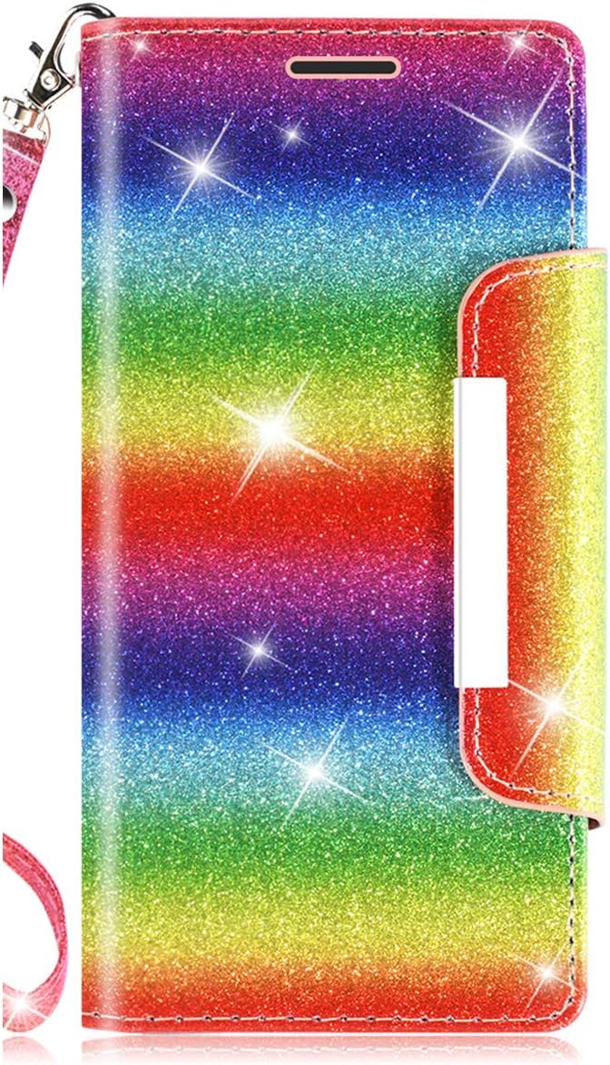 iPod Touch Case 7th Generation 2019 5th / 6th, for iPod 5/6 / 7 with Screen Protector Leather Bling Glitter Wallet Kickstand Credit Card Holder Slot for Girls/Women (Rainbow)