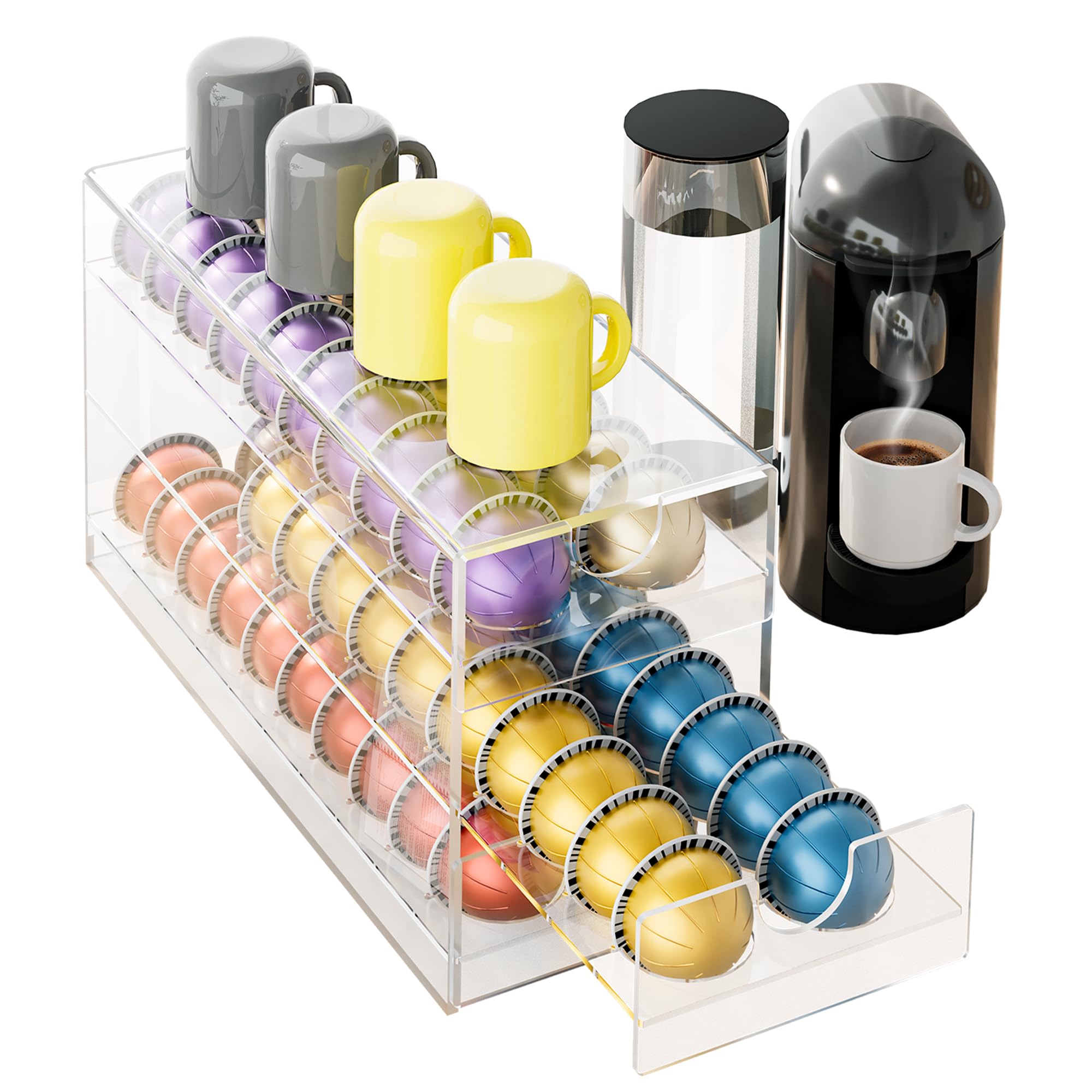 Photo 1 of **DAMAGED** BXINREDA Acrylic Coffee Pod Organizer for Nespresso Vertuo Pod Holder 60 Pods Clear Vertuo Pod Storage Drawer (3 Tier)