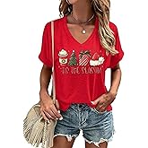 Christmas Graphic V Neck T Shirt for Women Christmas Tree Xmas Gift Cute Tee Tops Casual Holiday Short Sleeve Shirts