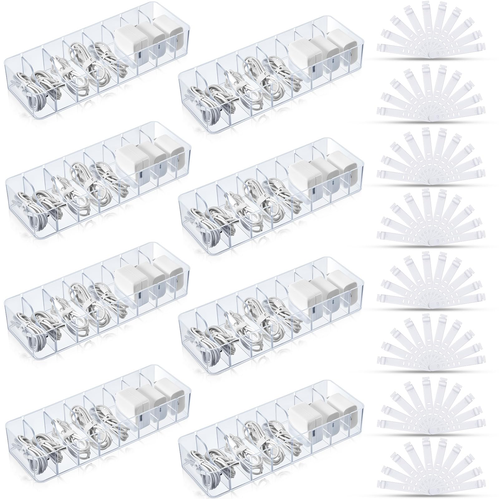 Cable Organizer Box With Wire Ties - Clear Plastic Cord Storage With Adjustable Partitions For Desk Organization