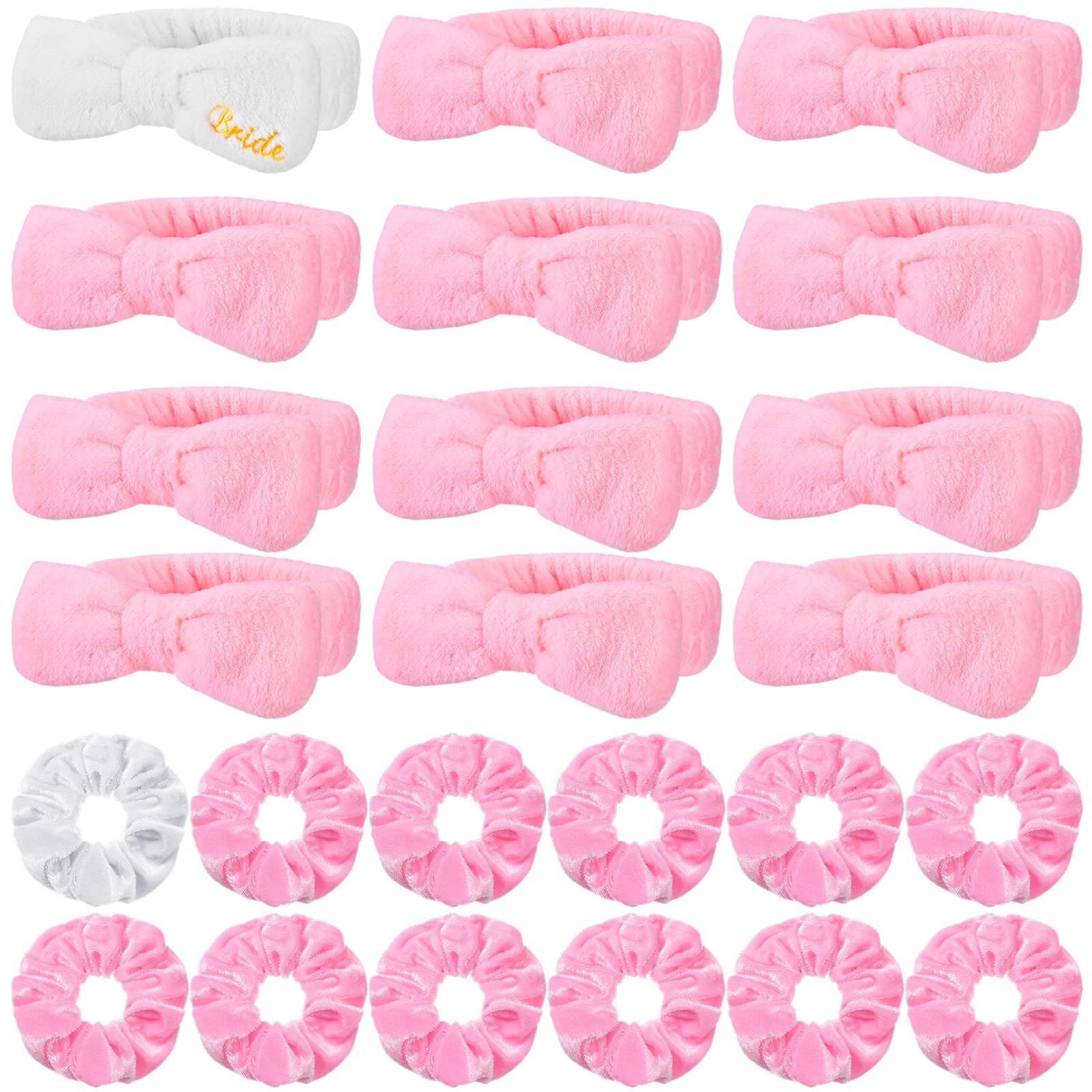 Photo 1 of 24 Pcs Bachelorette Party Favors Include 12 Bride Bridesmaid Spa Headband 12 Bridesmaid Gifts Scrunchies for Women Sleepover Spa Bachelorette Party Accessories Supplies(White,Pink)