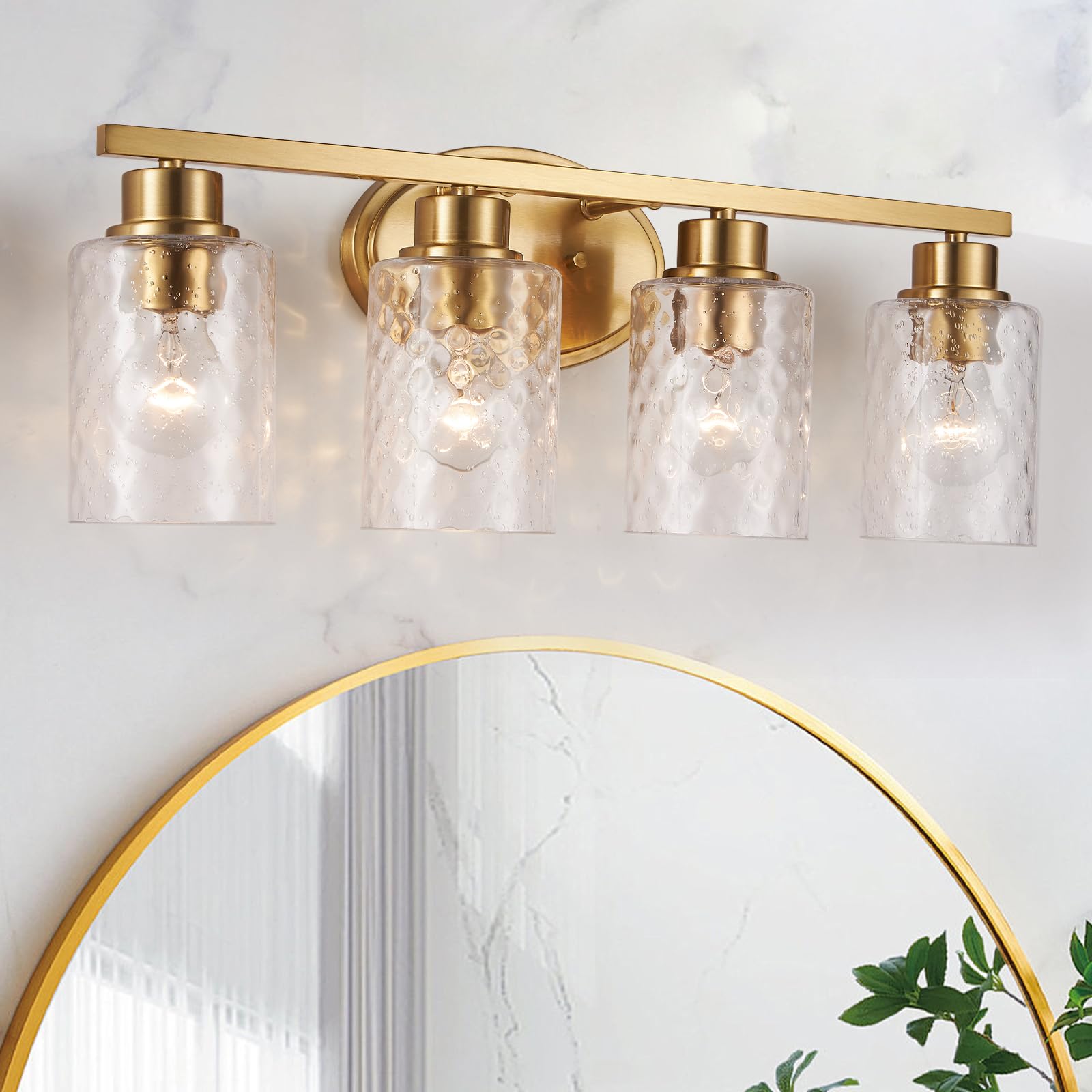 Photo 1 of Bathroom Vanity Light Fixtures Over Mirror, Seeded Hammered Glass Bathroom Vanity Light, 4 Light Brushed Gold Bathroom Light Fixtures with Clear Glass, Modern Rustproof Vanity Light Wall Mount