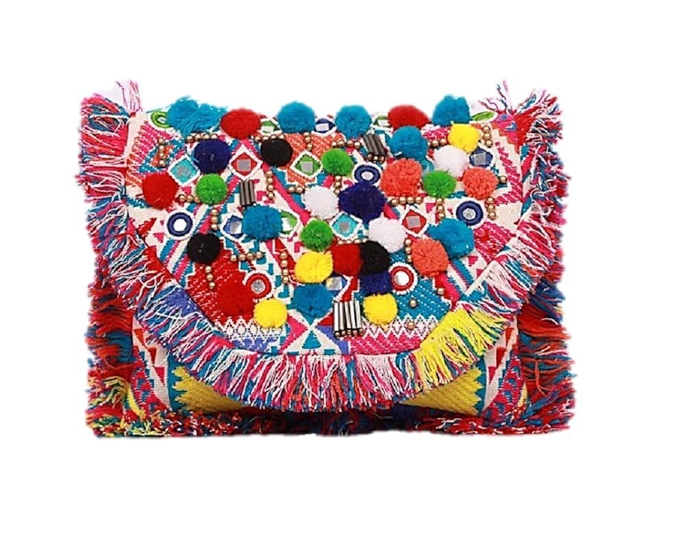 amour louie women's jacquard fabric pom pom mirror work clutch, multicolor