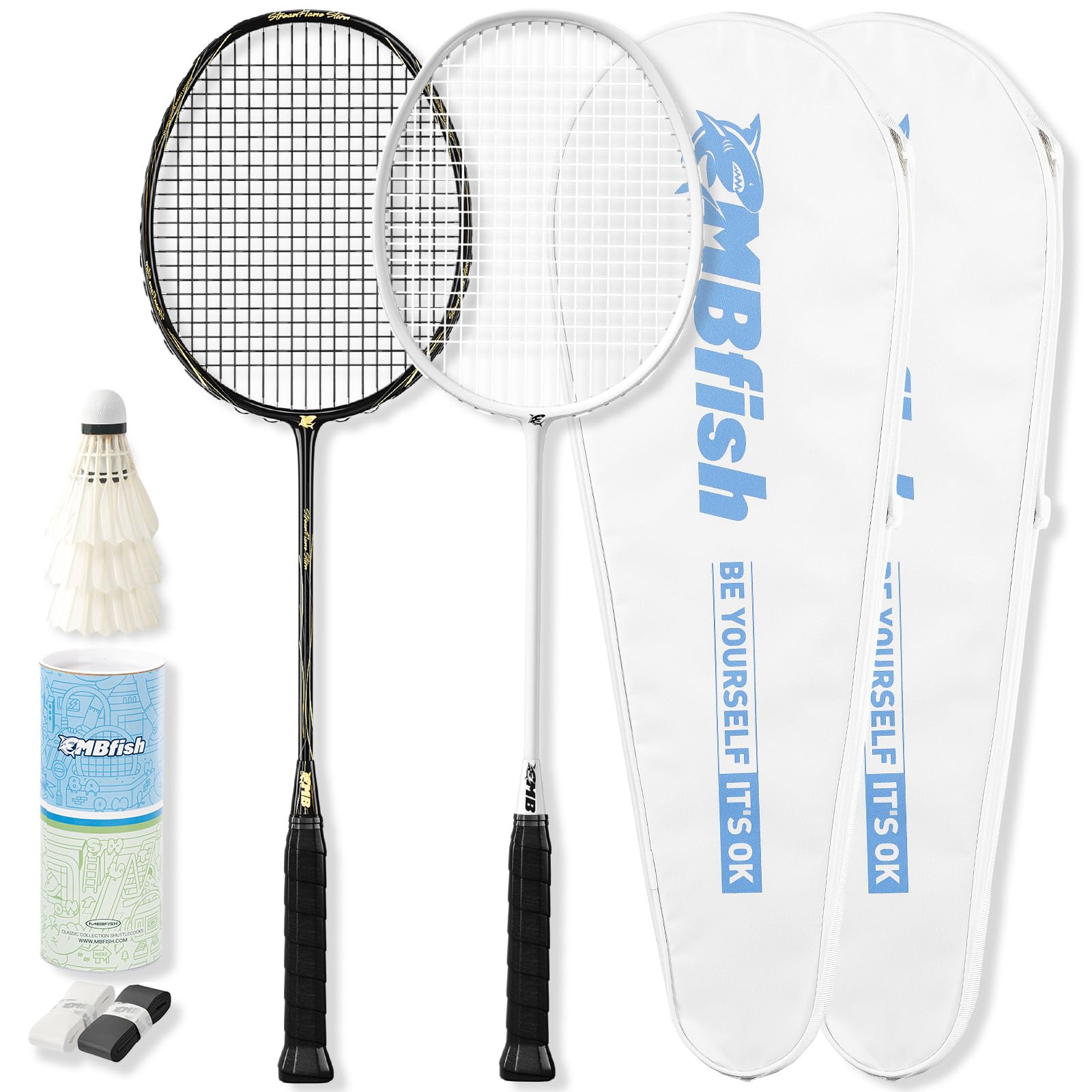 Photo 1 of MBFISH Badminton Racket Set with 2 Carbon Fiber Racquets, 3 Shuttlecocks, 2 Racket Grip Tapes and 2 Badminton Bag - Perfect for Outdoor Games and Gym 5U (Black+White)