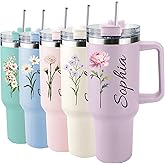 Ships Next Day,Birth Flower 40 Oz Tumbler with Handle and Straw, Personalized Tumbler with Name Insulated Cup Reusable Stainless Steel Water Bottle Travel Mug Christmas Birthday Gifts for Women