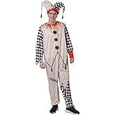 Carnavalife Adult Scary Clown Costume with Jester Hat and Blood Effect, Black White Harlequin Halloween Outfit Men