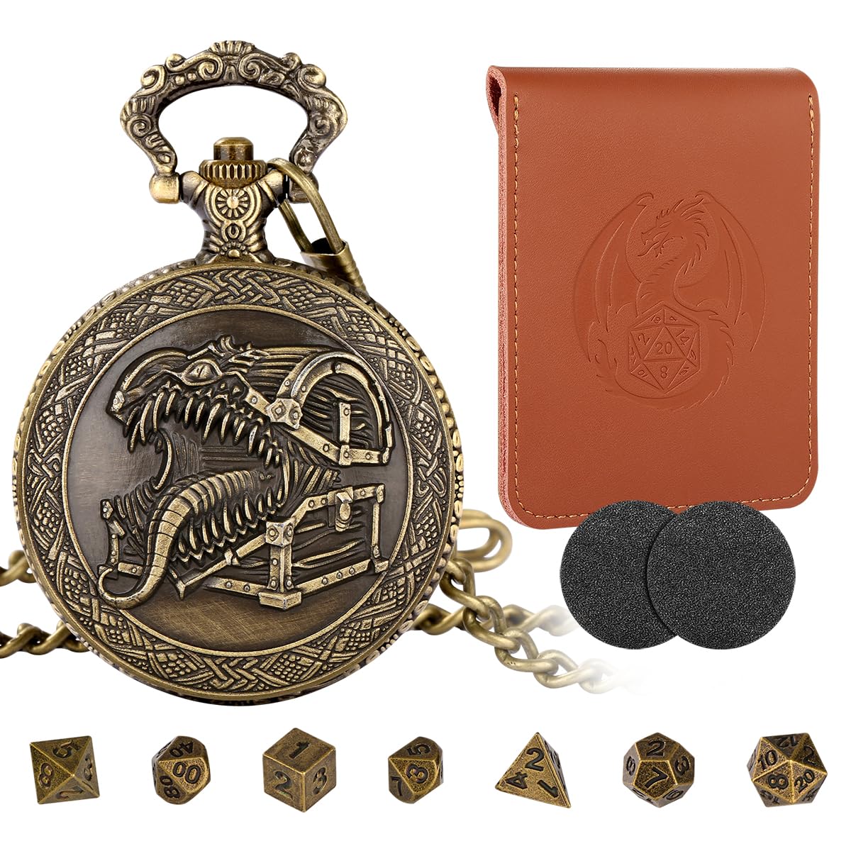 Bronze DND Mimic Monster Dice Set, Steampunk Mini DND Dice Set with 7pcs Polyhedral Metal D&D Dice, Versatile Tool for DM, Leather Gift Bag with Dragon, TRPG Accessories, Gifts for Player