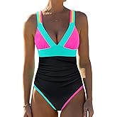 popvil Women One Piece Swimsuit 2026 Tummy Control Bathing Suit Neon Swimwear with Criss Cross Back