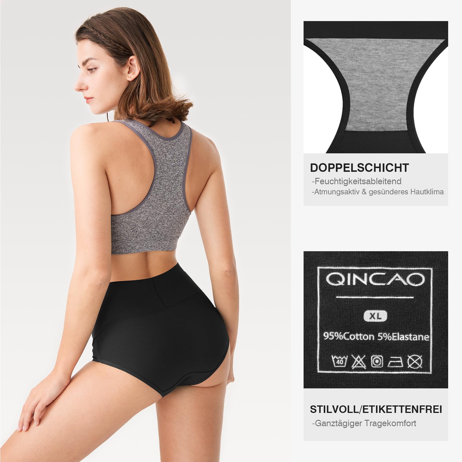 QINCAO Unterhosen Damen, 6er Pack Hohe Taille Slips Baumwolle Unterwäsche, Stretch Atmungsaktiv Panties Weich 6