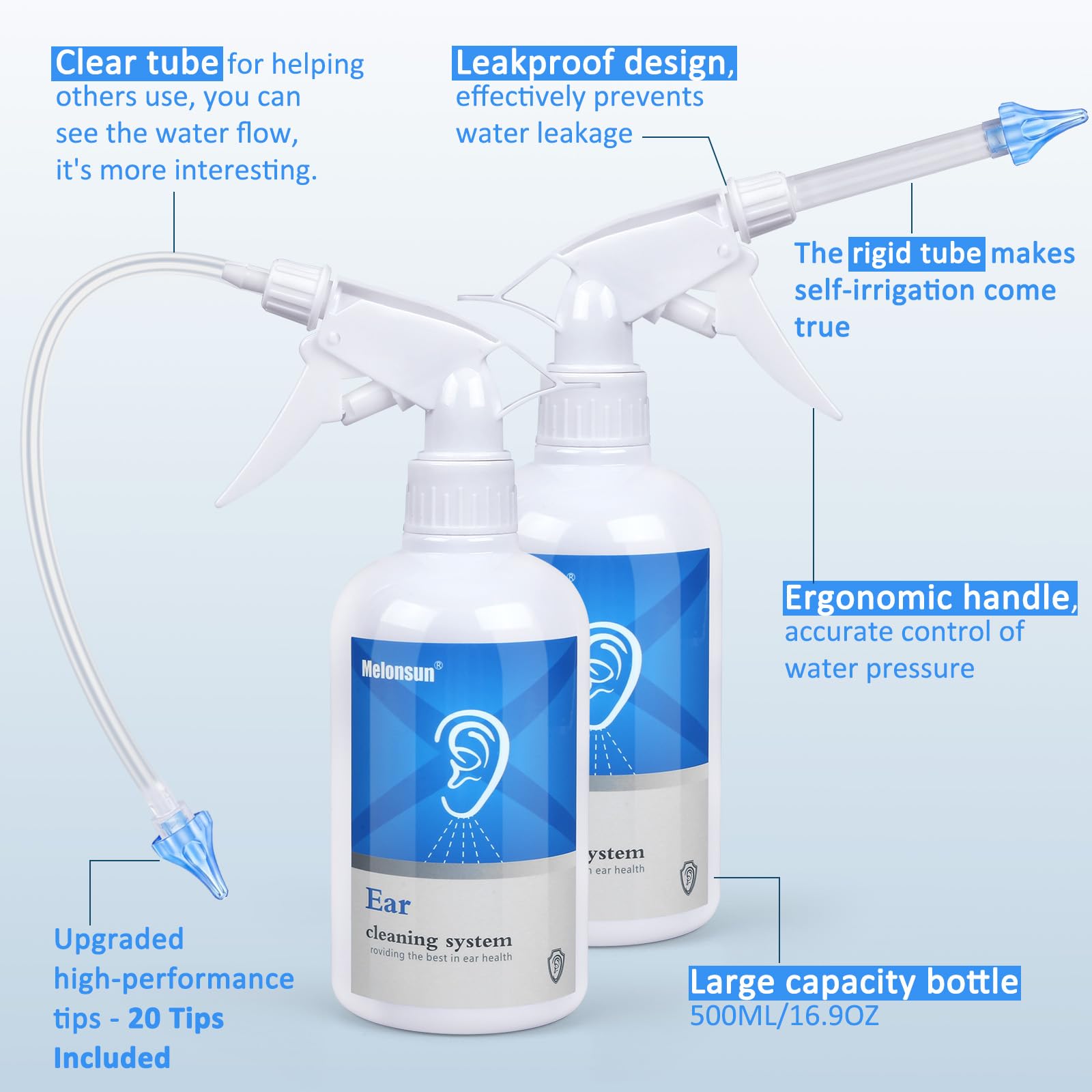 Ear Wax Removal - Ear Wash System w/ 500ml Spray Bottle, Big Basin & 20 Comfortable Reusable Tips - Safe & Effective Earwax Remover w/Rigid Pipe & Flex Tube for Self & Family - Easy to Use