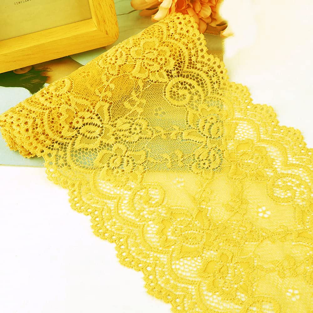 15 cm x 5 m Elasticity Lace Ribbon Lace Trim Decorative Ribbon Lace Trimming Ribbon for Sewing, DIY Crafts, Decoration for Clothes, Underwear, Lingerie, Wedding Dress, Table Decoration, Yellow