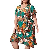 Floerns Women's Plus Size Floral Print Short Sleeve V Neck Ruffle Wrap Dress