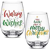 Domensi 2 Pcs Christmas Wine Stemless 15 oz Funny Drinking Glasses Xmas Lights Elf Santa Jingle Holiday Wine Glass for Women Mom Coworker Friends Family Birthday Party Gift(Classic)