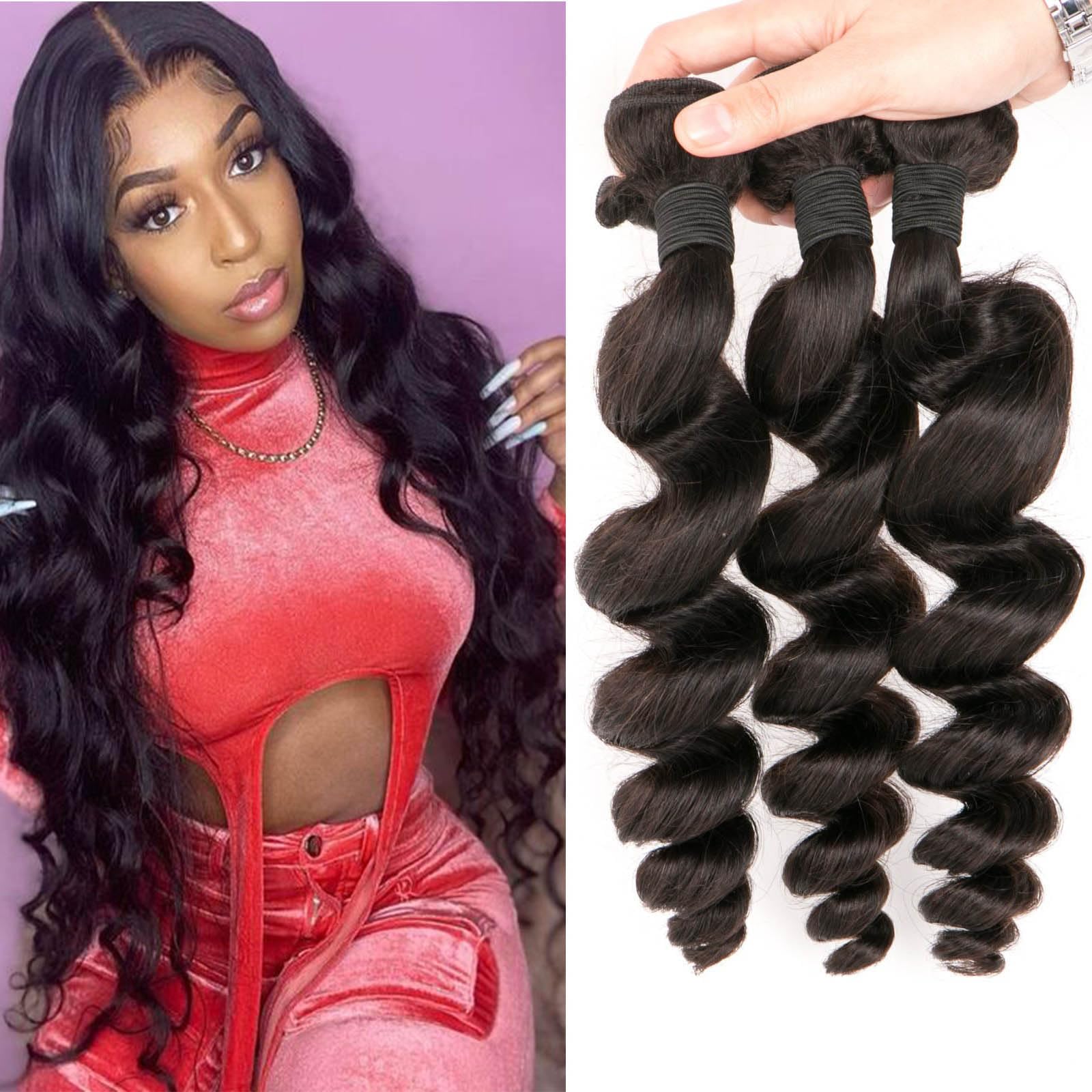 DaiMer Human Hair Bundles Loose Wave 3 Bundles 14 16 18 Inch 10A Grade Brazilian Virgin 100% Unprocessed Human Hair Loose Wavy Bundles Natural Black Weave Human Hair Extensions โ image 1