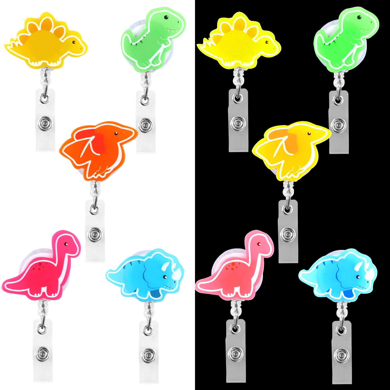 5pcs Dinosaur Retractable Badge Reels, Luminous Cute Nurse ID Badge Holder with Clips Acrylic Pediatric Nursing Badge Reel for Student Teacher Doctor Worker