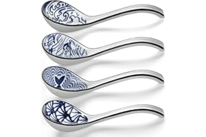 Ceramic Asian Soup Spoons Set of 4, Ceramic Chinese Soup Spoons, 6.3 Inch Ramen Spoon, Japanese Soup Spoon for Cereal Stews N