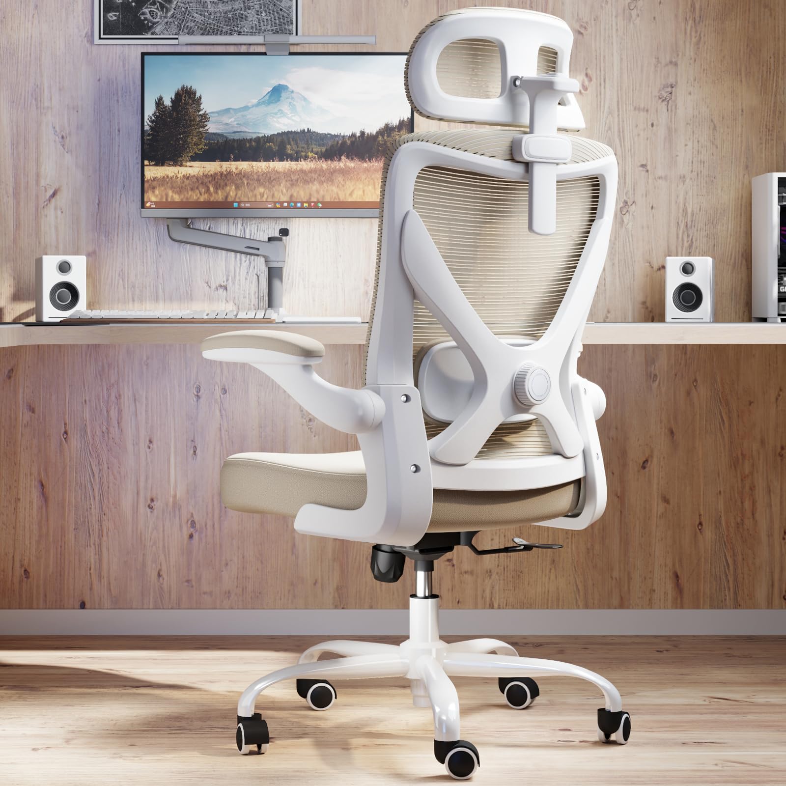 Photo 1 of Ergalithic Ergonomic Office Chair - X-Shaped Computer Desk Chair Comfy, Gaming Chair, Office Chair with Lumbar Support, Mesh Office Chairs with Headrests, Desk Chair for Long Hours (White Beige)