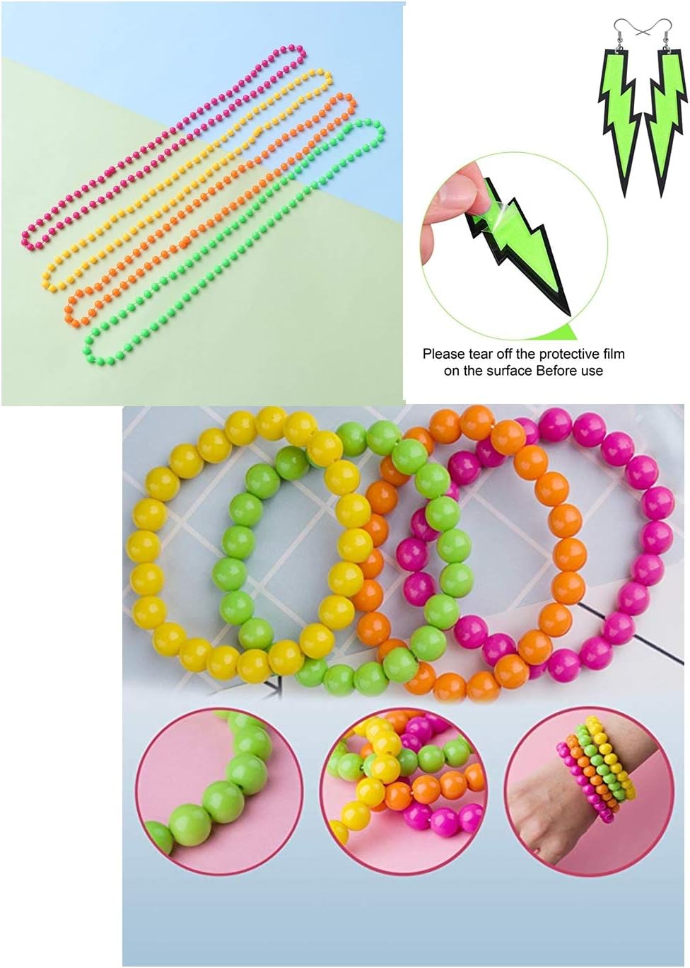 TOPWAYS® 80s Fancy Dress Retro Accessories Set,1980s Fancy Outfit Party Dress for Girls Ladies Women Neon Necklaces - Image 4