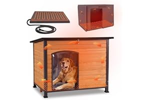 GUTINNEEN Large Heated Dog House Outdoor Insulated Dog House Weatherproof Dog Kennel with Thermostat-Controlled Heating Pad, 6-Sided Thermal Liner, Chew-Proof Metal Frame for Large Dog Breeds