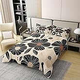 jejeloiu Boho Flower Duvet Cover Set 100% Cotton King Size Black Flowers Bedding Set for Kids Boys Girls Teens Floral Botanical Cotton Duvet Cover Vintage Retro Quilt Set 3Pcs