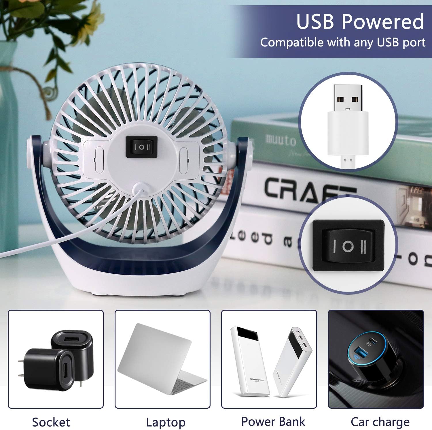 Aluan Desk Fan Small Table Fan with Strong Airflow Quiet Operation Portable Fan Speed Adjustable Head 360°Rotatable Mini Personal Fan for Home Office Bedroom Table and Desktop 5.1 Inch: Home & Kitchen