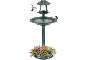 Giantex 42 inch Bird Bath Solar Lighted, Pedestal Bird Bath with Bird Feeder, Flower Planter Base, Solar Powered Lamp, 3 Ground Stakes, Standing Birdbath for Outside Garden Yard Outdoor (Green)