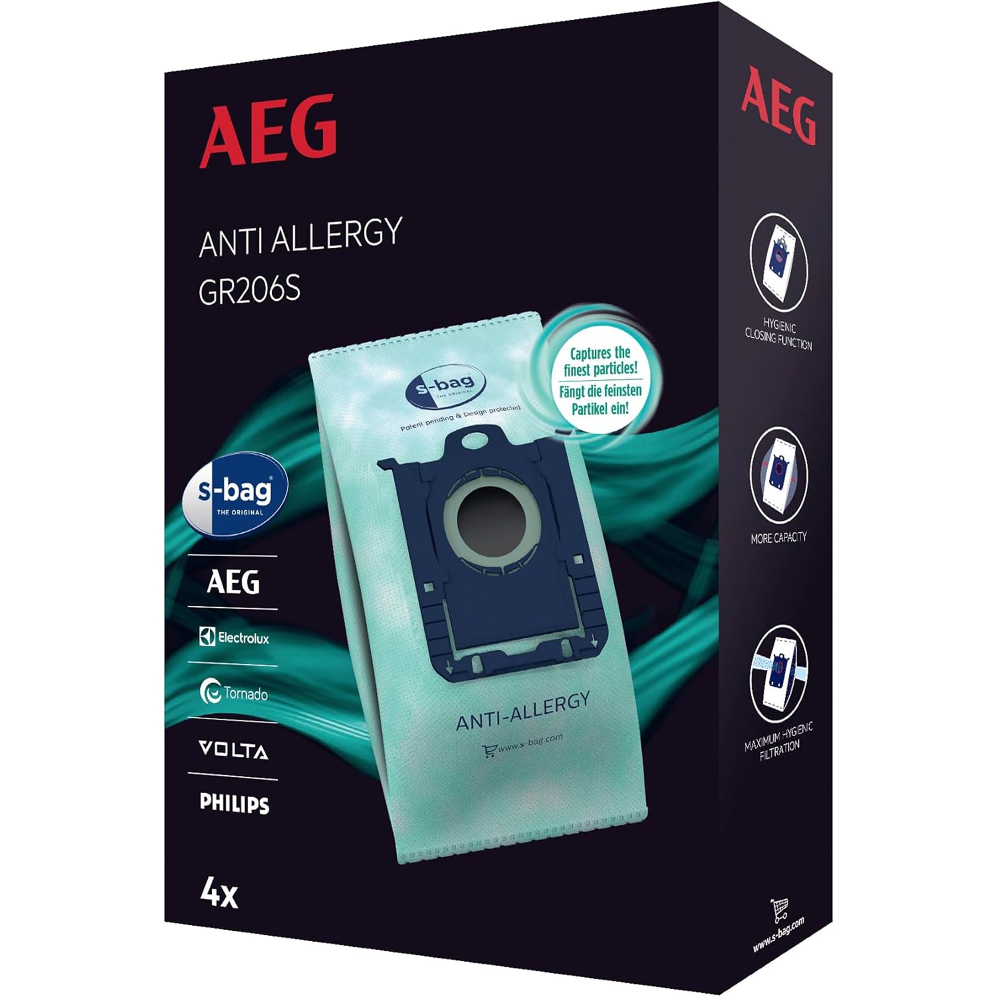 AEG GR206S - S-Bag Anti-Allergy Vacuum Cleaner Bags, Pack of 4, High Filtration Synthetic Dust Bags, Captures Pollen, Dust Mites & Allergens, For Allergy Sufferers, Fits AEG VX4, VX6, VX7, VX8, AB61