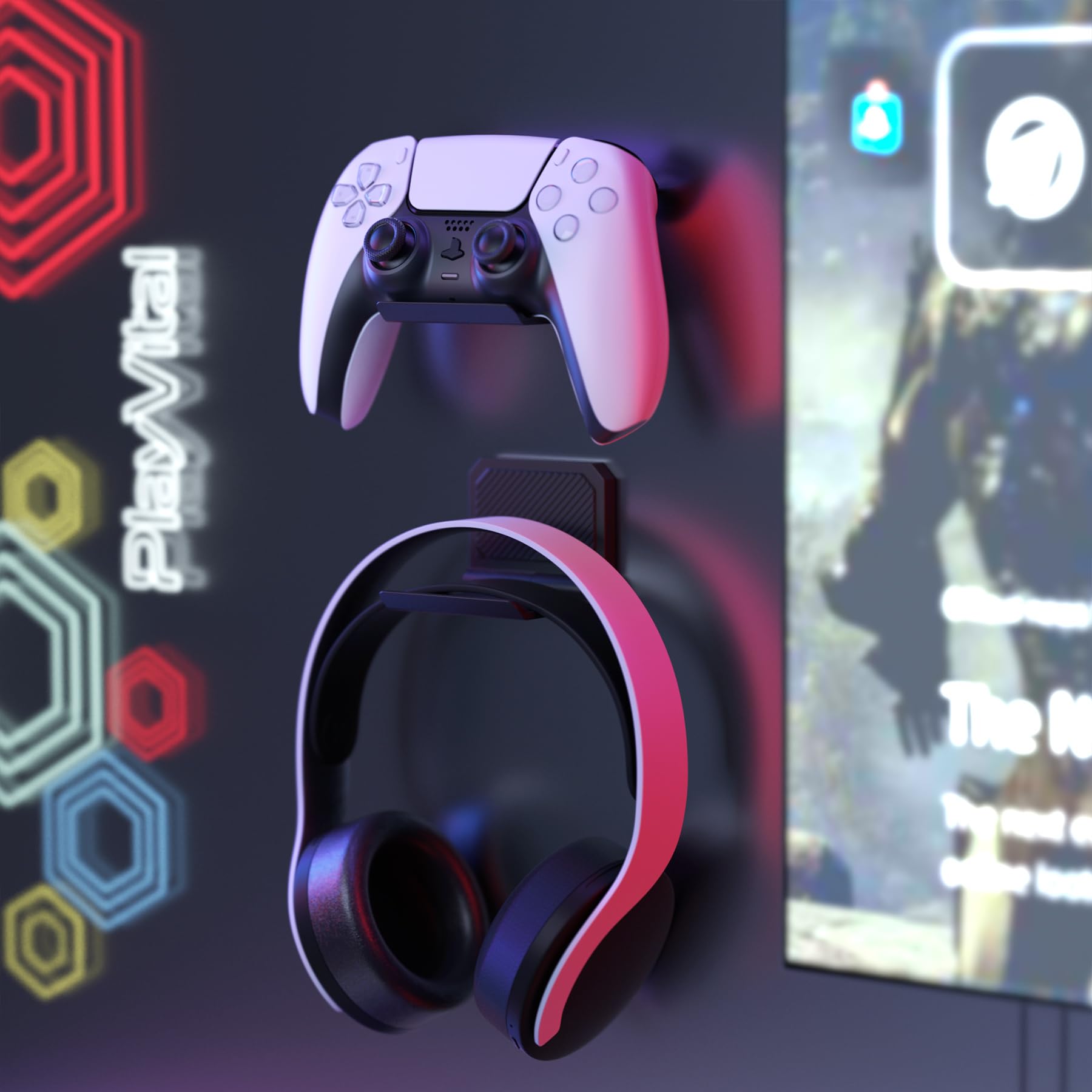 PlayVital FOLD Controller Holder Wall for PS5 PS4 Xbox Switch Pro Headset, 2 Pack Universal Storage Organizer Gaming Controller Stand Headphone Mount - Foldable Anti-Slip Adhesive Removable, Black