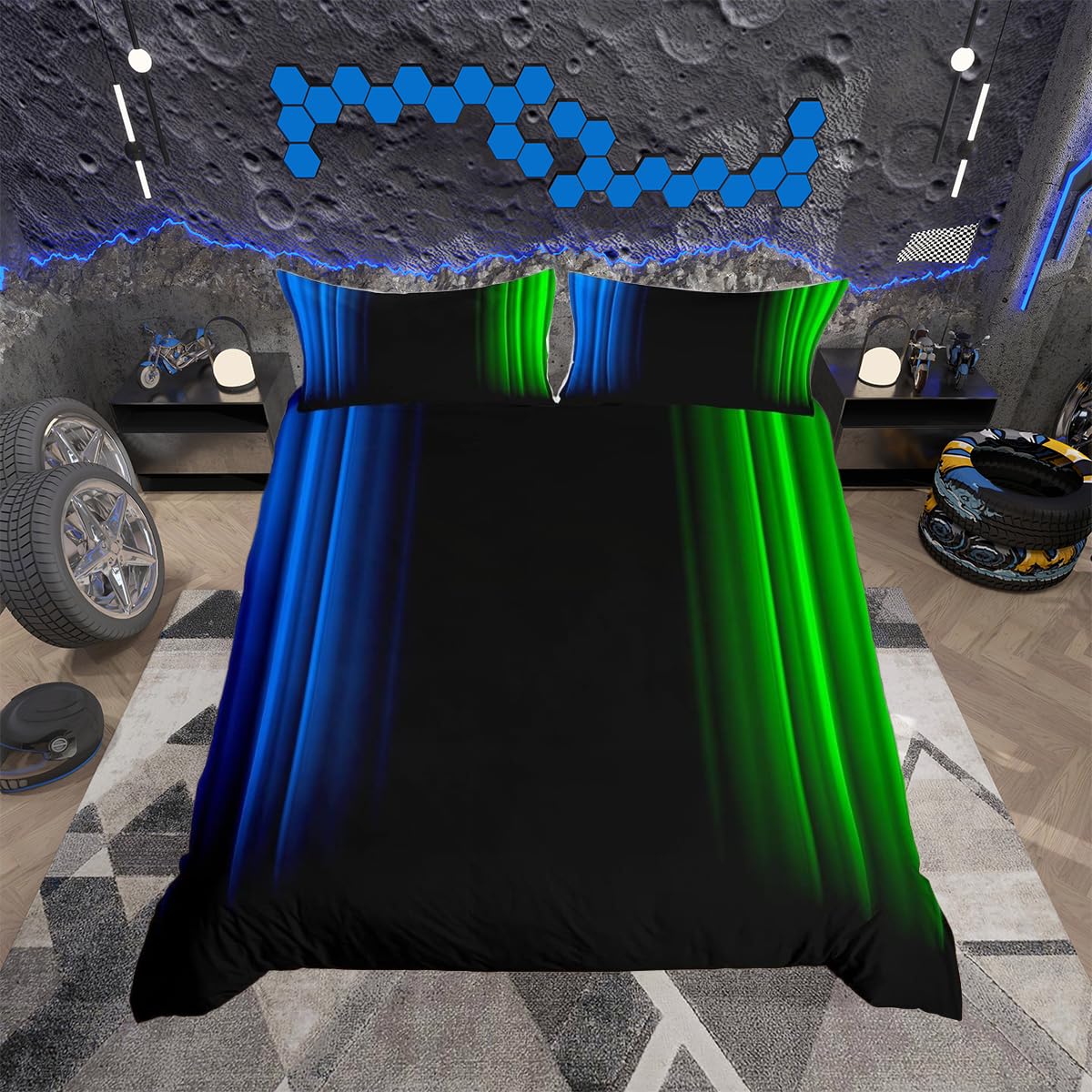 Geometric Abstract Ombre Duvet Cover Set Kids Boys Teens Blue Green And Black Striped Bedding Set Decor Modern Fashion Comforter Cover Set Bedroom Collection 3Pcs King Size — image 1