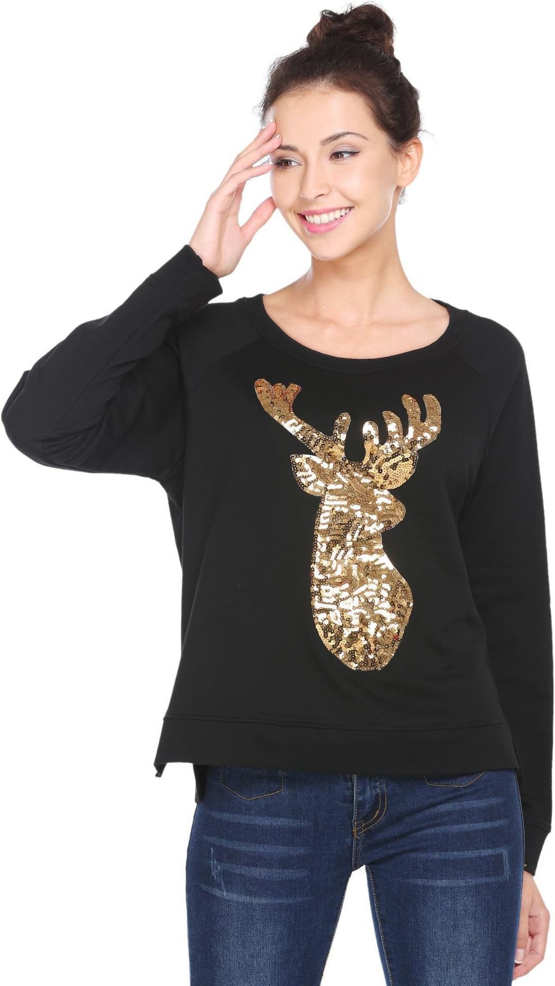 Womens Ugly Christmas Sweatshirt Sequin Reindeer Raglan Sleeve Top