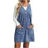 SOLY HUX Women's V Neck Sleeveless Denim Overall Dress Casual Pinafore Short Dresses with Pockets