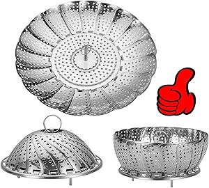 Vegetable Steamer Basket, Stainless Steel Folding Steamer Basket Insert for Veggie Fish Seafood Cooking, 100% Stainless Steel Steamer Insert expandable to Fit Various Size Pot(6