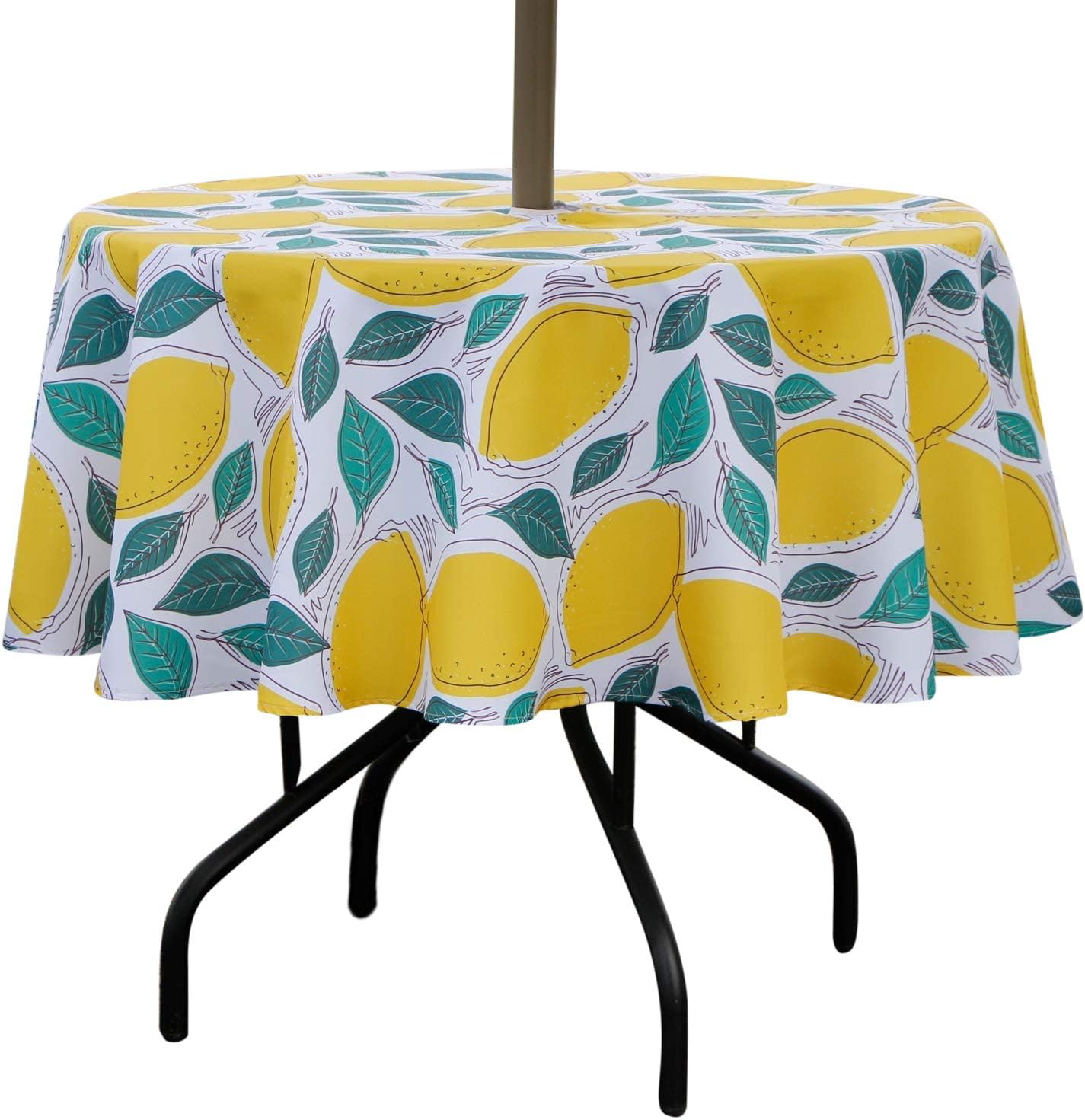 SUQ I OME Patio Outdoor Tablecloth with Umbrella Hole,Garden Tablecloth with Umbrella Hole and Zipper,Table Cloths for Host Backyard Parties BBQs,Family Gatherings(Lemon,60'' Round with Zipper)