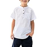 Arshiner Boys Linen Shirt Button Down Henley Short Sleeve Casual Dress Summer Beach T Shirts Top with One Pocket