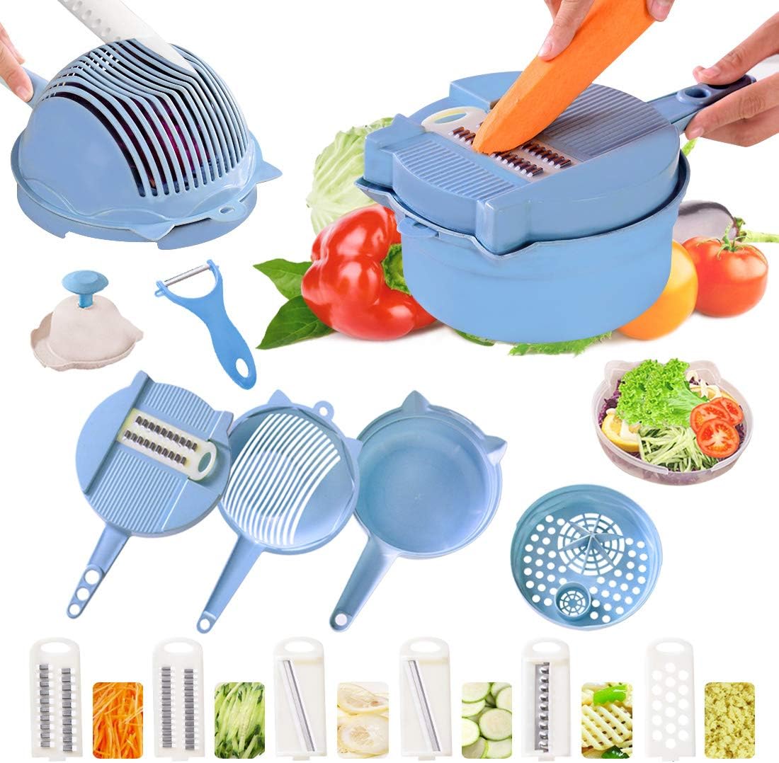 Vegetable Slicer 15 in 1 Multi-Function Vegetable Cutter with 6 Interchangeable Stainless Steel Blades Drainer Basket with Egg Yolk Separator Hand Guard Colander Vegetable Choppers (Blue)