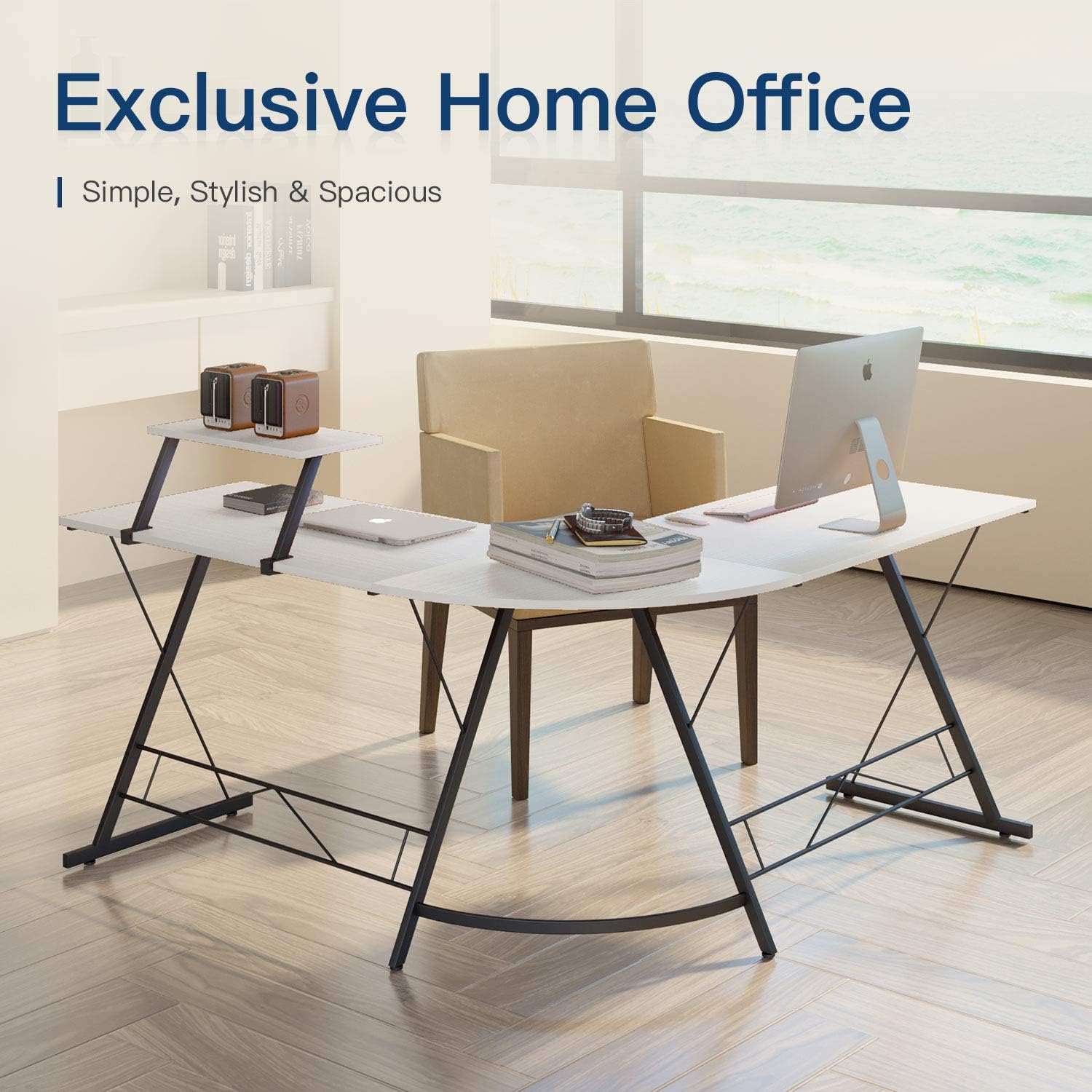 L Shaped Desk Home Office Desk with Round Corner Computer Desk with Large Monitor Stand Desk Workstation,White: Kitchen & Dining