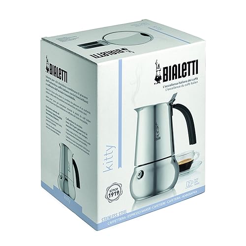 Bialetti Kitty Espresso Coffee Maker, Stainless Steel, cup in