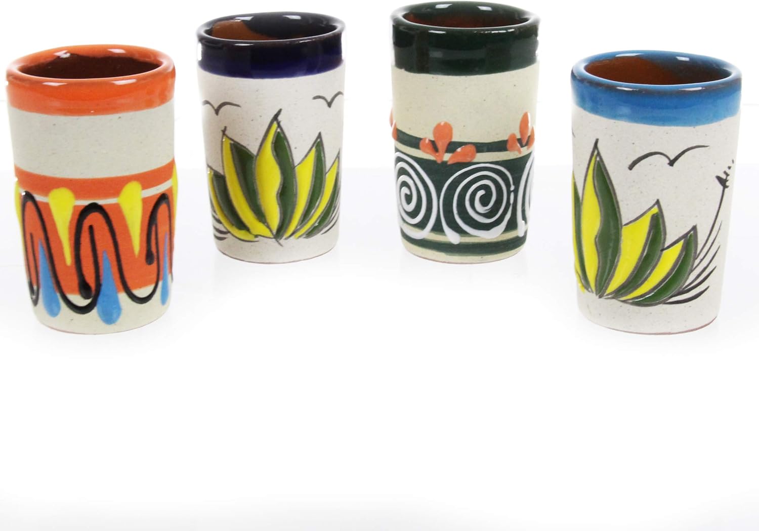 Shot Glass Tequilero Mescalero 4 Piece Traditional Barro Colorful Handpainted Handcrafted Mexican Clay Painted Glazed Decorative Cup Drink Taza Alcohol Mescal Agave