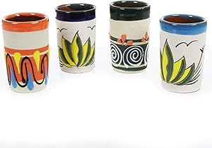 Shot Glass Tequilero Mescalero 4 Piece Traditional Barro Colorful Handpainted Handcrafted Mexican Clay Painted Glazed Decorative Cup Drink Taza Alcohol Mescal Agave