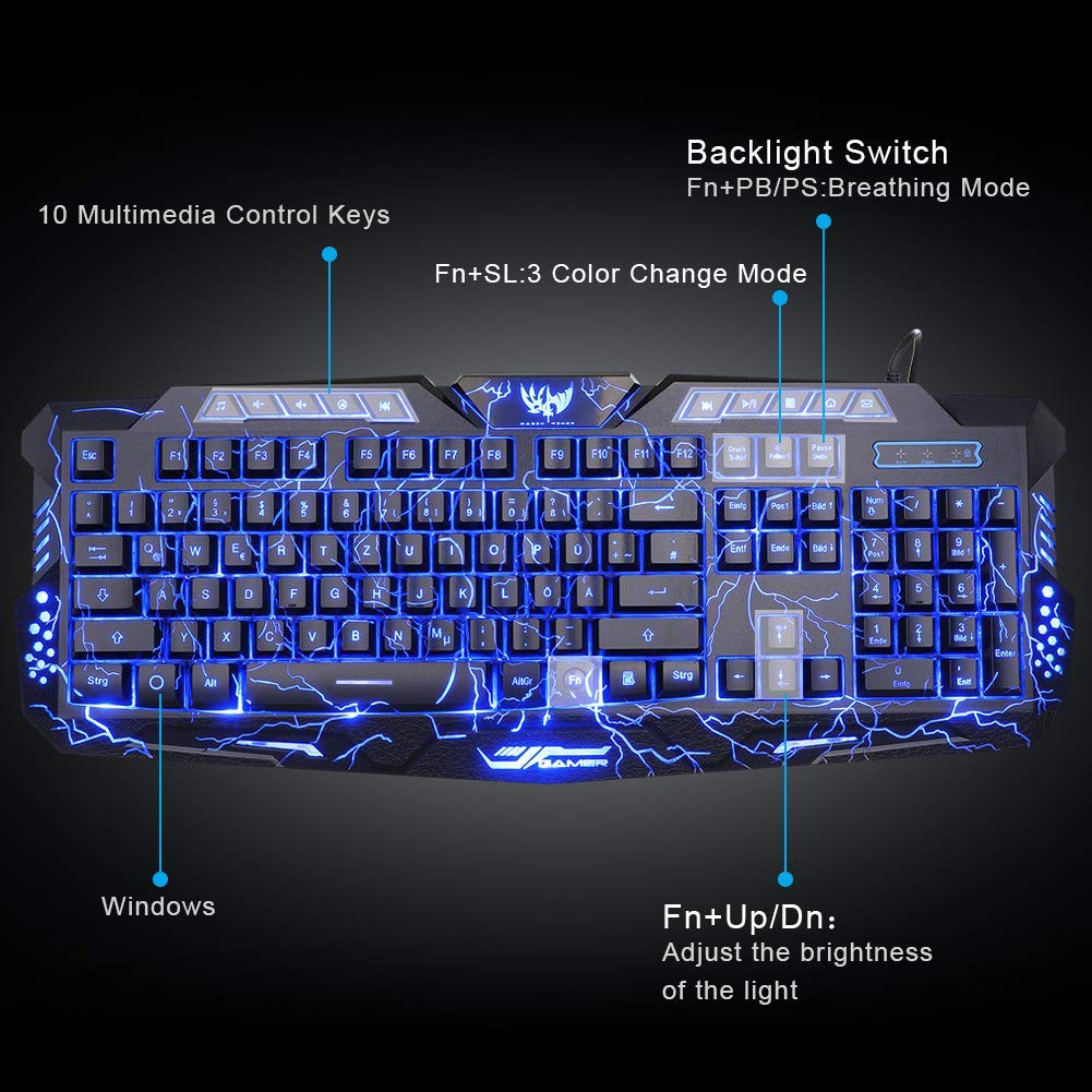 BlueFinger Backlit Gaming Keyboard, Mouse and LED Headset Combo - USB Wired 3 Color Crack Backlit, Blue LED Light Headset - Set for Work and Game
